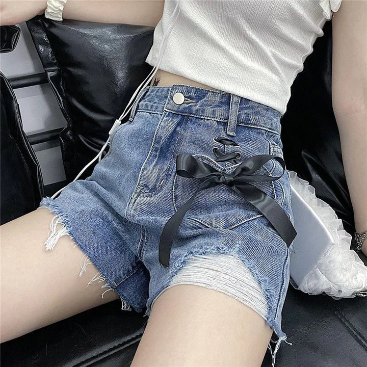 Jmprs Y2K Hole Gothic Denim Shorts Women Streetwear Bow Lace Up Shorts Harajuku Retro High Waist Design Hip Hop Jeans Shorts New Pastel Kitten