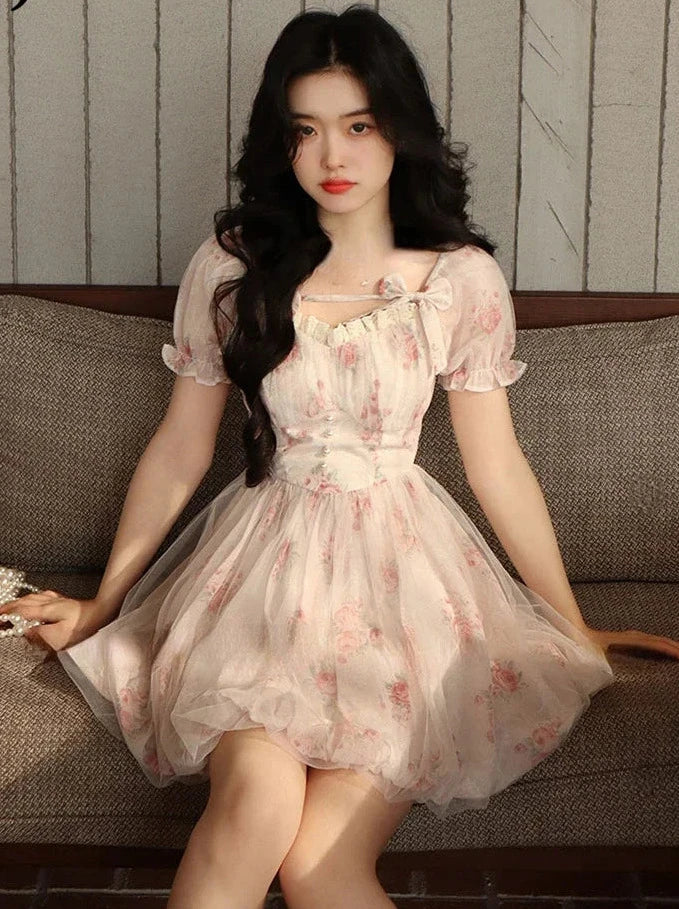 Cute Korean Floral Mini Dress Pastel Kitten