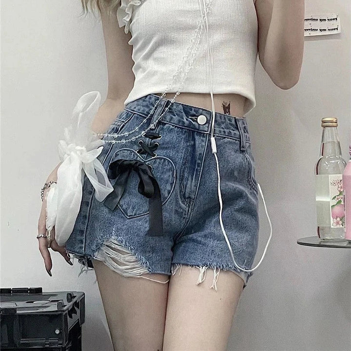 Jmprs Y2K Hole Gothic Denim Shorts Women Streetwear Bow Lace Up Shorts Harajuku Retro High Waist Design Hip Hop Jeans Shorts New Pastel Kitten