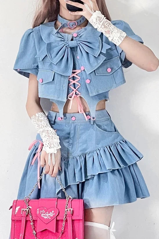 Cute Korean Denim Outfit Set - Top & Skirt Pastel Kitten