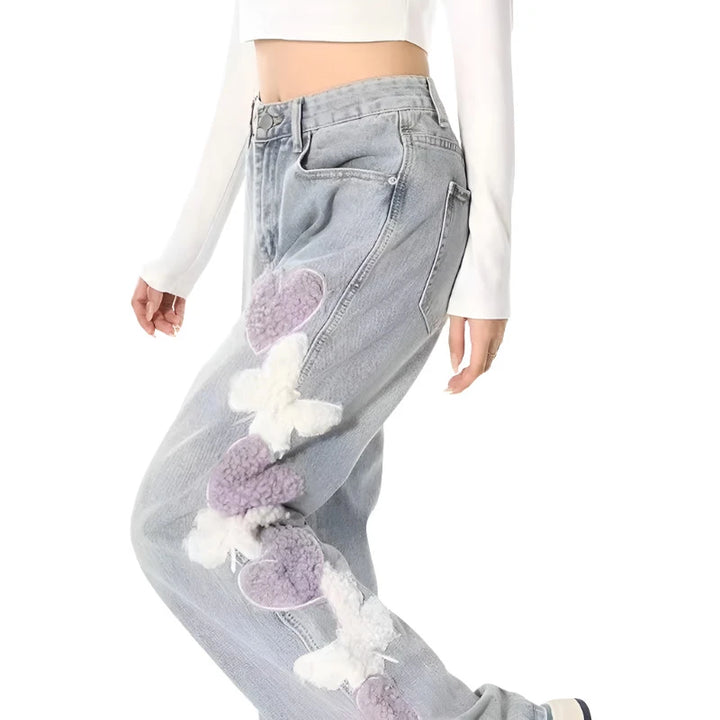 Vintage Japanese Heart Jeans Pastel Kitten