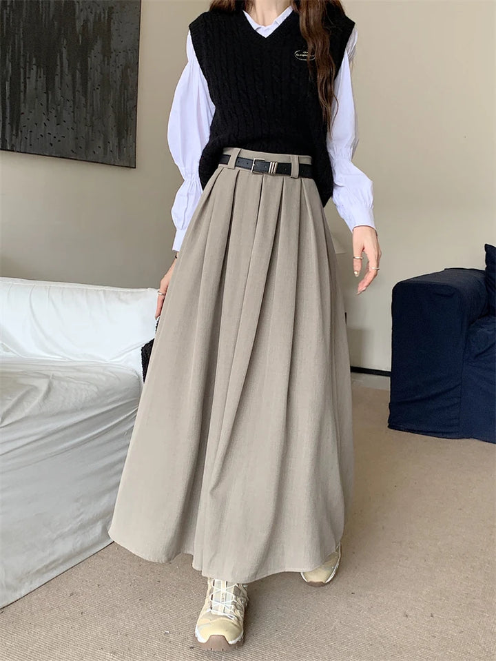 Korean Pleated Midi Skirt Pastel Kitten