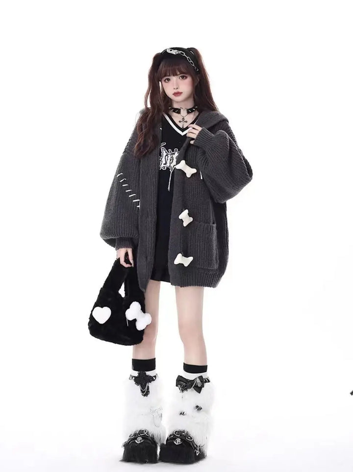 Deeptown Y2K Harajuku Black Oversized Cardigan Women Grunge Kpop Gray Knitted Sweater Autumn Winter Hooded Knitweat Tops Jackets Pastel Kitten