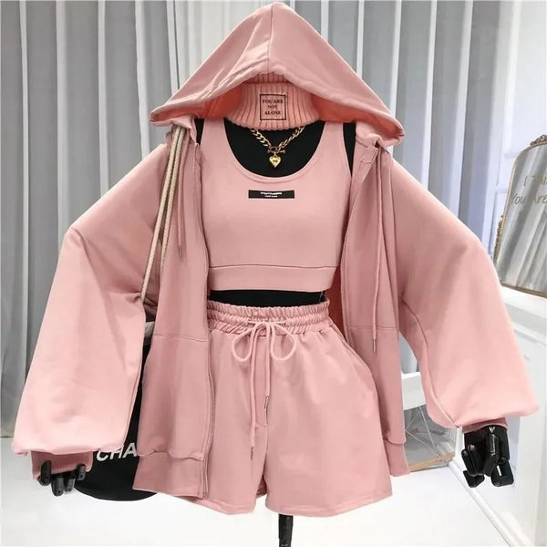 Korean Casual Outfit Set - Hooded Jacket, Top & Shorts Pastel Kitten