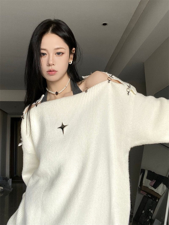 Off Shoulder Korean Y2K Sweater Pastel Kitten