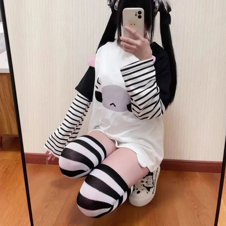 Kawaii Striped Anime T-Shirt Pastel Kitten