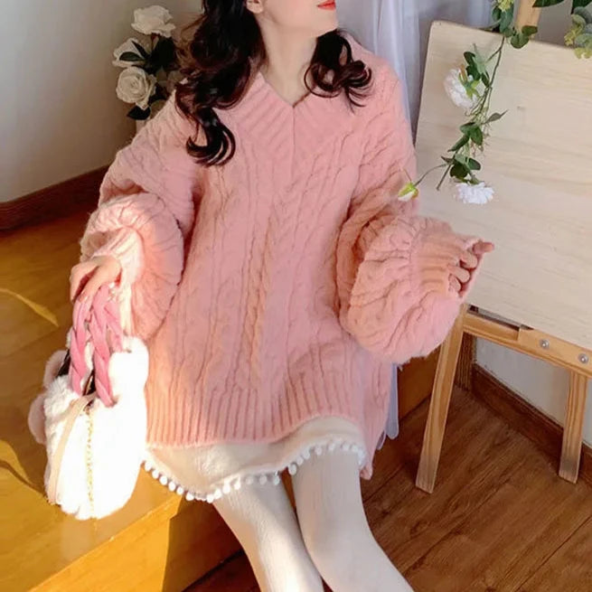 Pink Kawaii Oversize Knitwear Sweaters Women Sweet Cute Big Bow Pullovers Autumn Winter Keep Warm Lantern Sleeve V-Neck Sweater Pastel Kitten