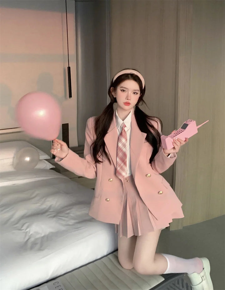 Kawaii School Uniform Outfit Set- Blazer, Shirt & Mini Skirt Pastel Kitten