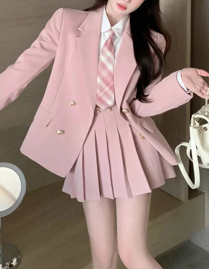 Kawaii School Uniform Outfit Set- Blazer, Shirt & Mini Skirt Pastel Kitten