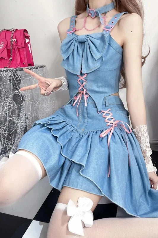 Cute Korean Denim Outfit Set - Top & Skirt Pastel Kitten