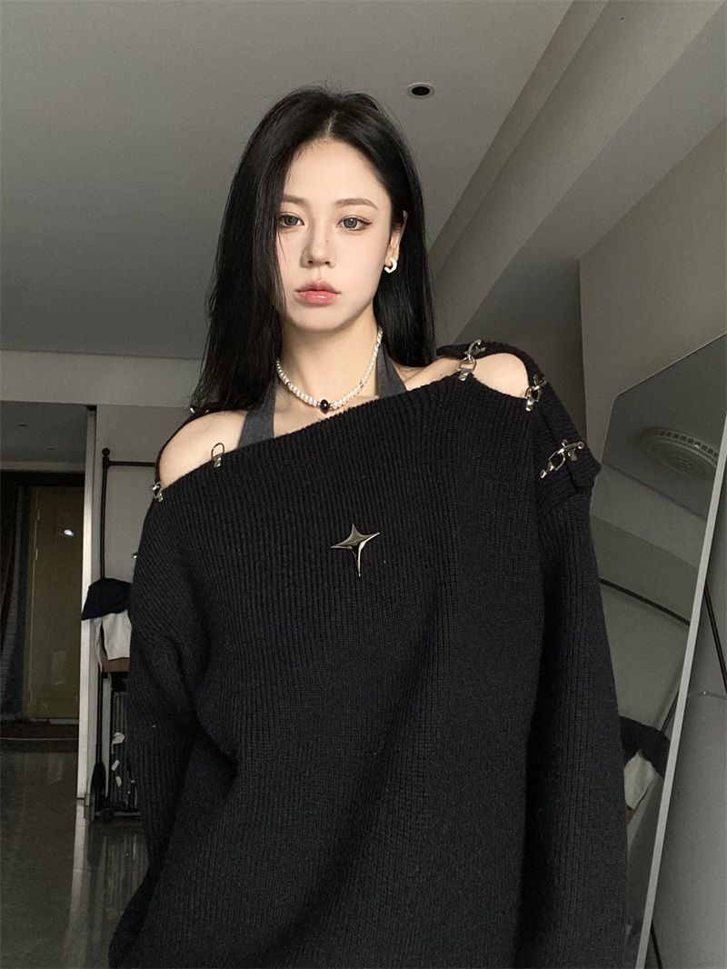 Off Shoulder Korean Y2K Sweater - Pastel Kitten