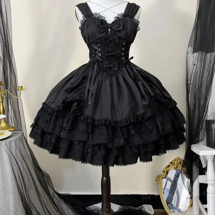 Vintage Gothic Lolita Dress Women Victorian Punk Slim Bandage Princess Party Dresses Girls Cute Metal Cross Bow Evening Dress Pastel Kitten