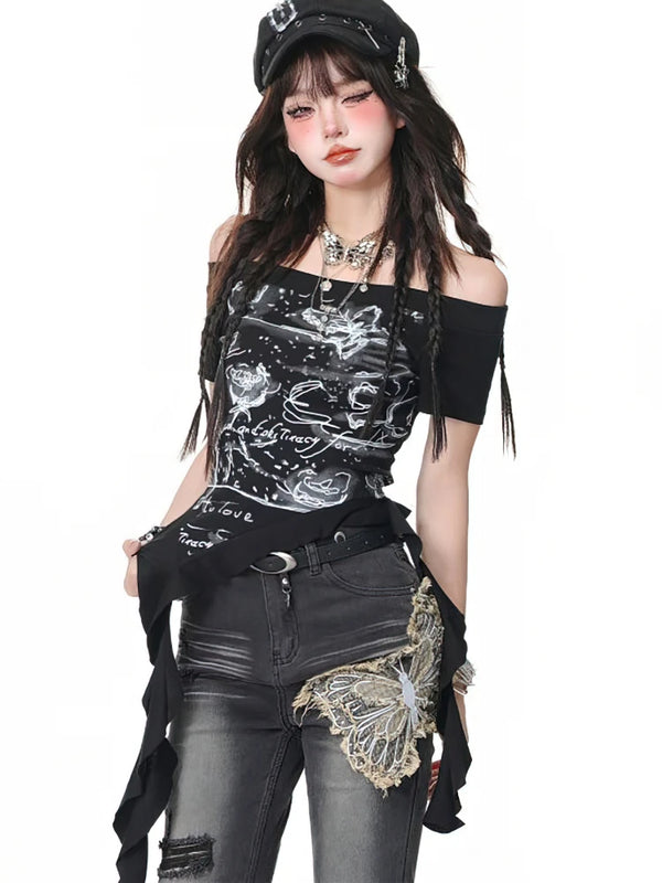 Vintage Slim Off-Shoulder T-Shirt Pastel Kitten