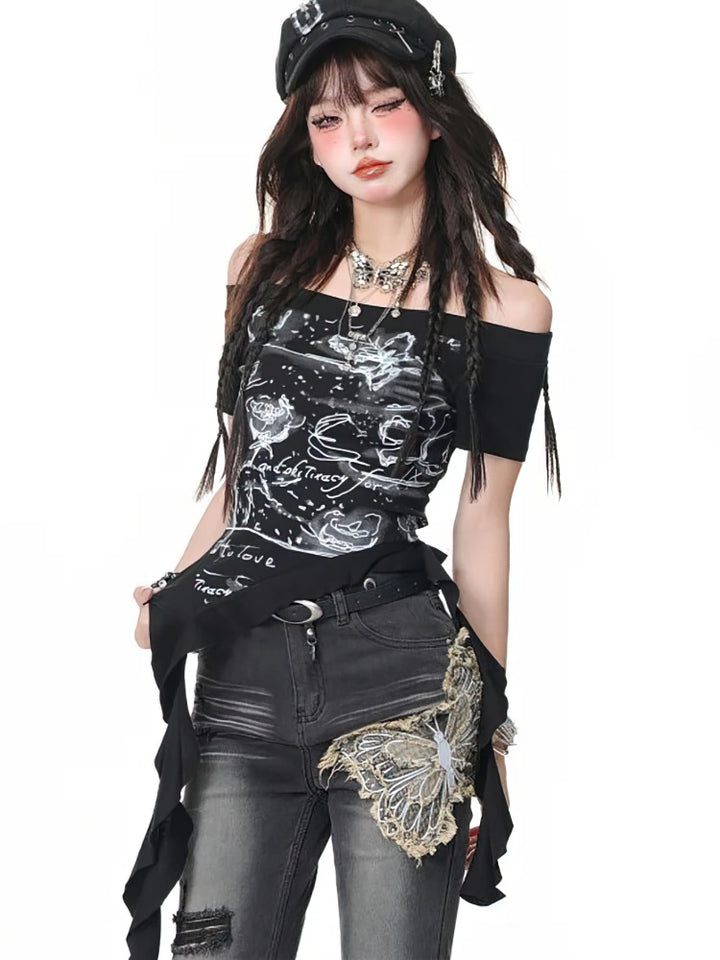 Vintage Slim Off-Shoulder T-Shirt Pastel Kitten