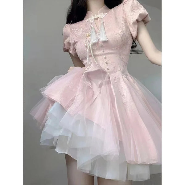 Kawaii Puff Short Evening Dress Pastel Kitten