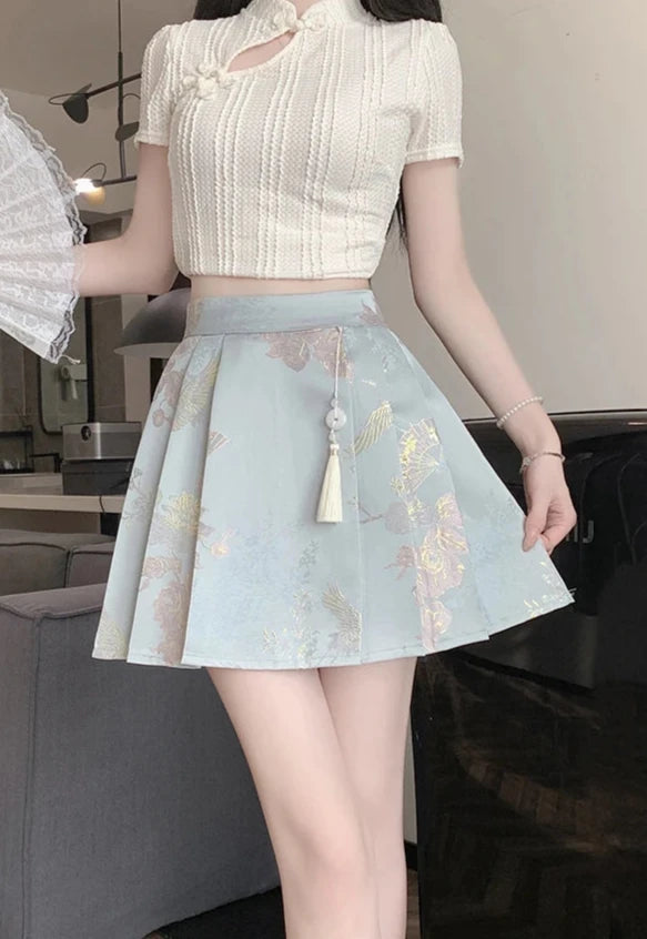 Cute Chinese Style Embroidered Skirt Pastel Kitten