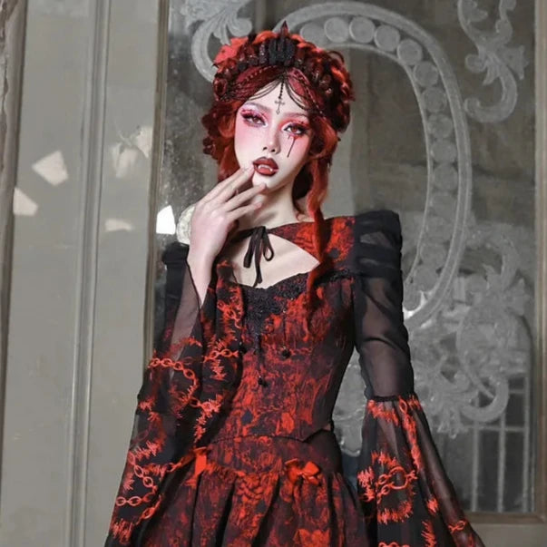 Red Gothic Outfit Set - Blouse & Skirt Pastel Kitten