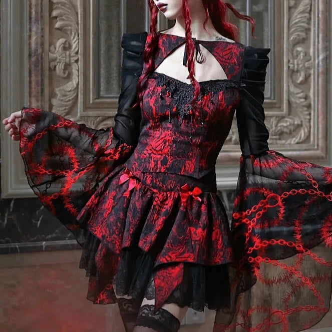 Red Gothic Outfit Set - Blouse & Skirt Pastel Kitten