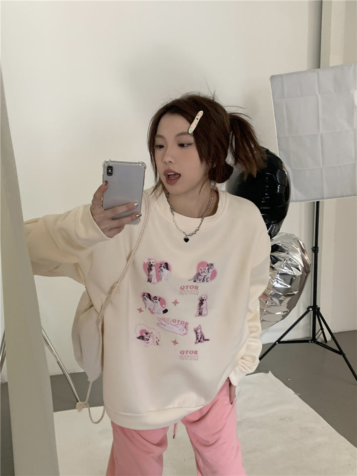 Cute Dog Print Y2K Sweatshirt Pastel Kitten
