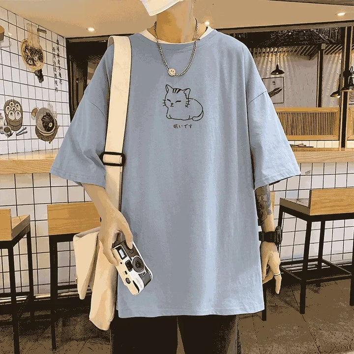 Oversized Cat Print T-Shirt Pastel Kitten