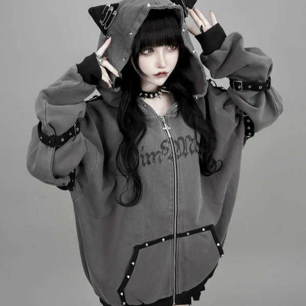 Gothic Cat Ears Oversized Hoodie Pastel Kitten