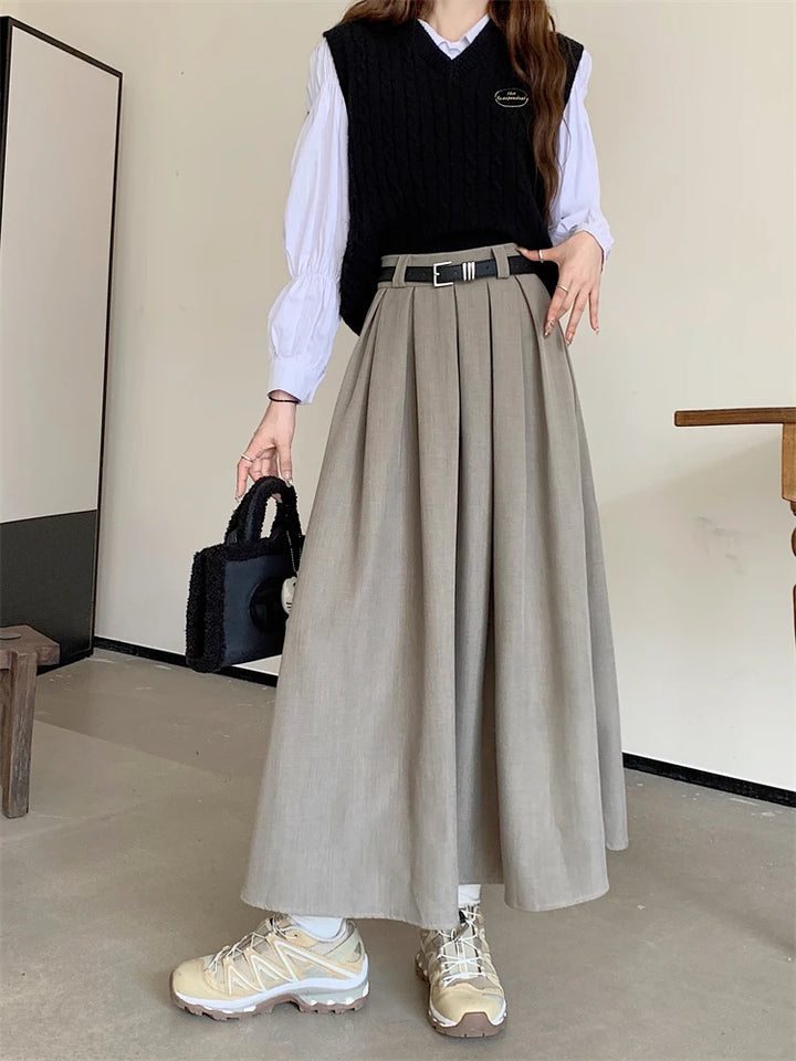 Korean Pleated Midi Skirt Pastel Kitten