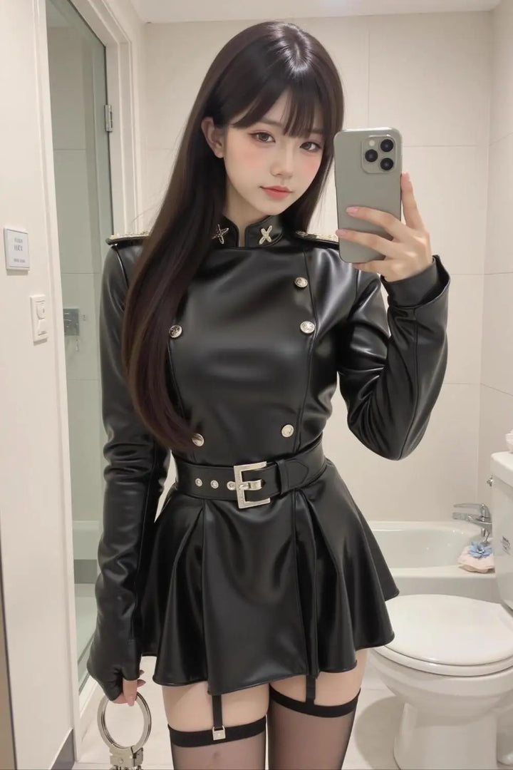 Retro Military Style Leather Dress Pastel Kitten