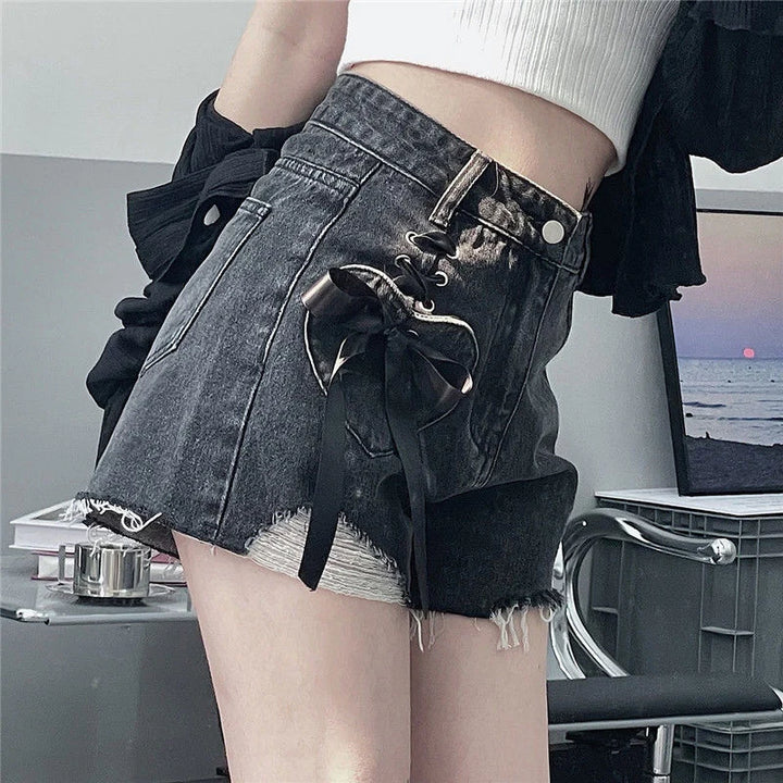 Jmprs Y2K Hole Gothic Denim Shorts Women Streetwear Bow Lace Up Shorts Harajuku Retro High Waist Design Hip Hop Jeans Shorts New Pastel Kitten