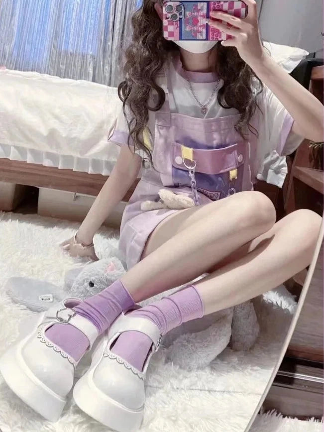 Kawaii Outfit Set - T-Short & Overalls Pastel Kitten