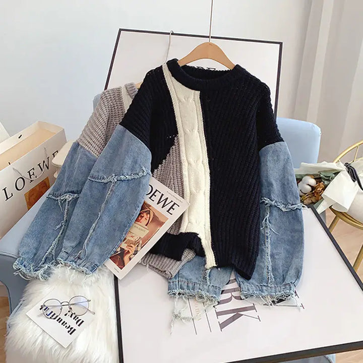 Loose Denim Sleeve Knit Sweater Pastel Kitten