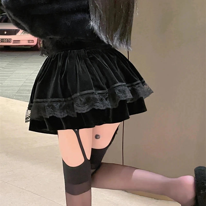 Kawaii Velvet Mini Skirt Pastel Kitten