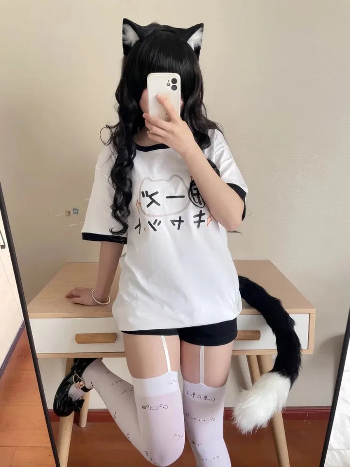 Harajuku Loose Cartoon T-Shirt Pastel Kitten