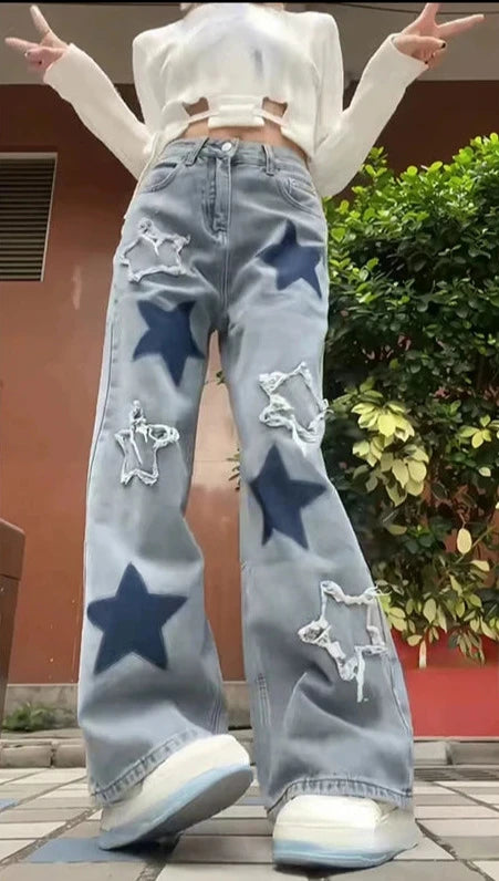 Y2K Baggy Blue Star Jeans Pastel Kitten