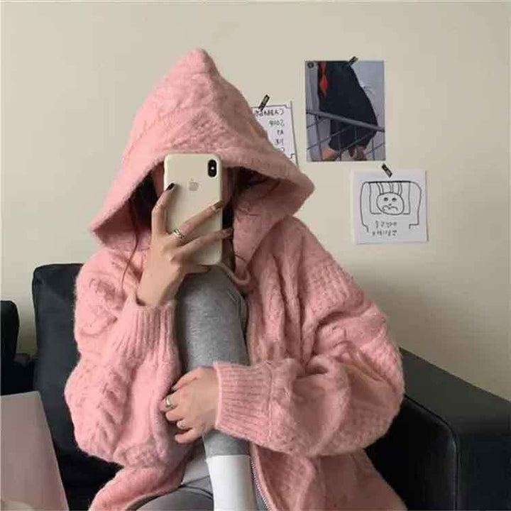 Korean Knit Hooded Cardigan Pastel Kitten