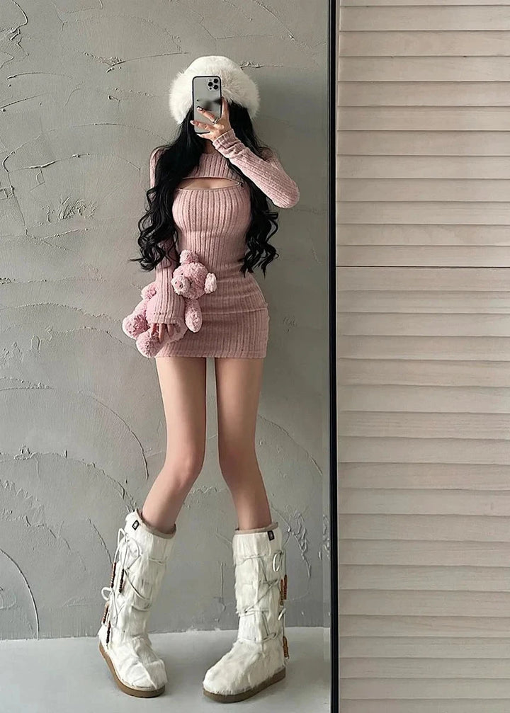 Korean Slim Knit Mini Dress Pastel Kitten