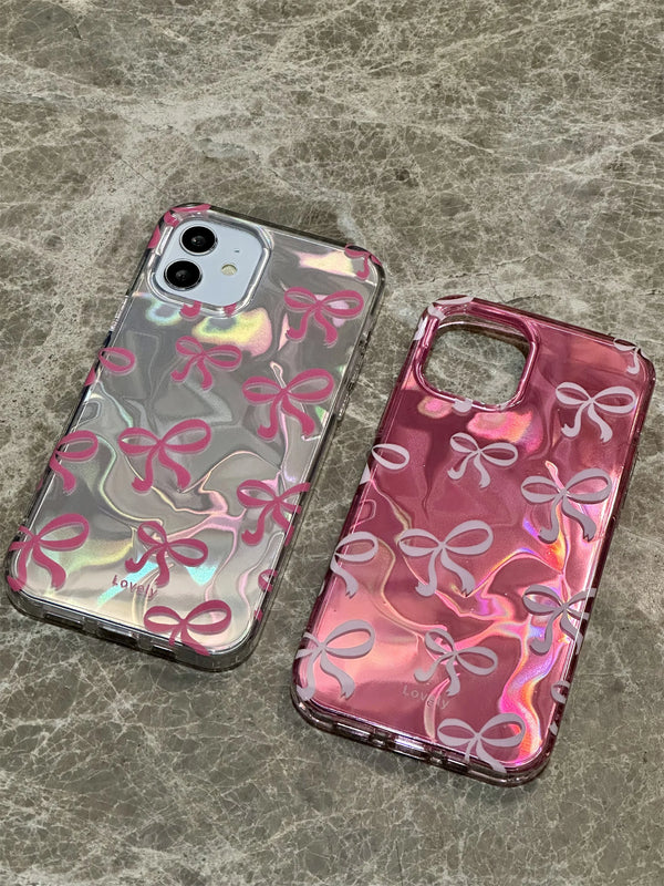 Ins Korean Simple Luxury Laser Water Ripple Bow Case for iPhone 11 12 13 14 15 Pro Max Shockproof Back Cover Stylish Girl Soft Pastel Kitten