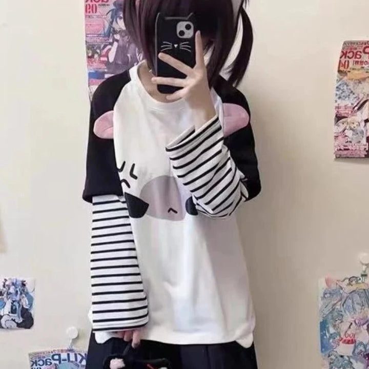 Kawaii Striped Anime T-Shirt Pastel Kitten