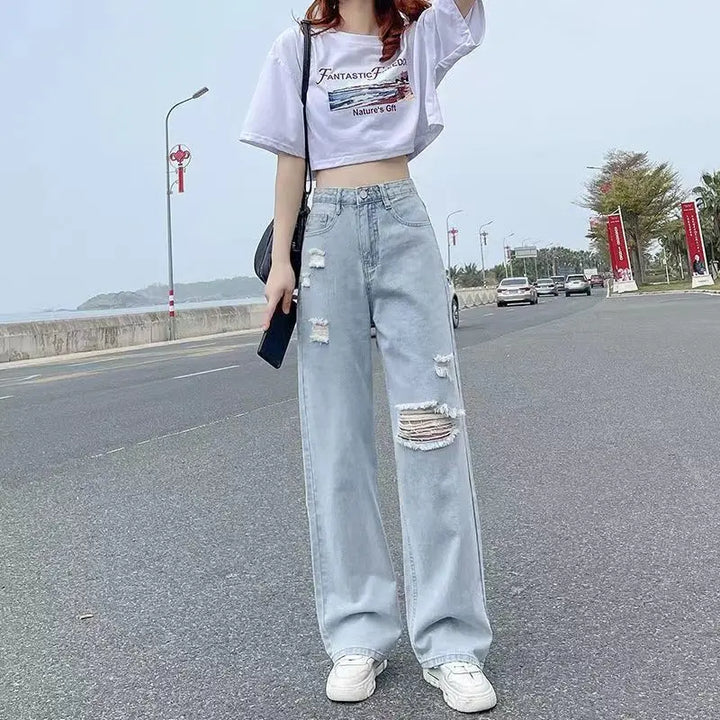 Ripped High Waist Loose Jeans Pastel Kitten