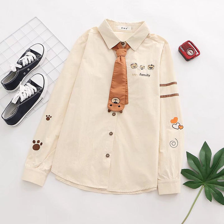 Cartoon Bear Embroidered Shirt Pastel Kitten