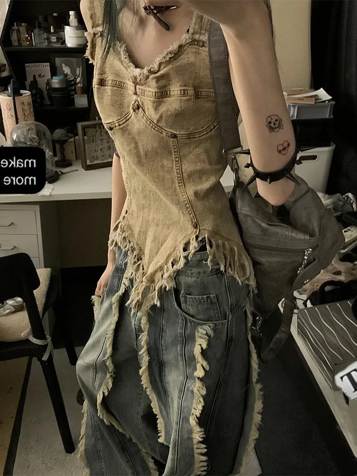 Vintage Denim Sleeveless Top Pastel Kitten