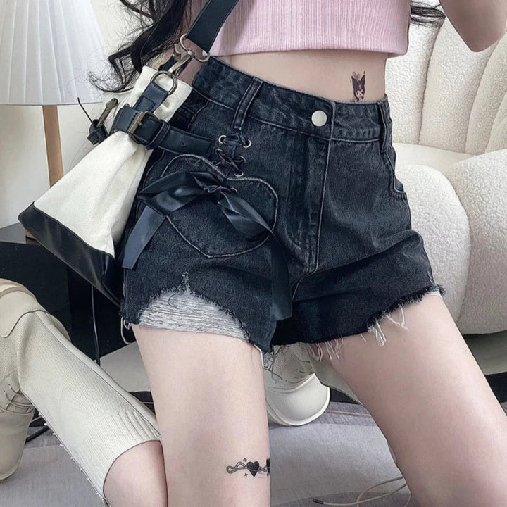 Jmprs Y2K Hole Gothic Denim Shorts Women Streetwear Bow Lace Up Shorts Harajuku Retro High Waist Design Hip Hop Jeans Shorts New Pastel Kitten