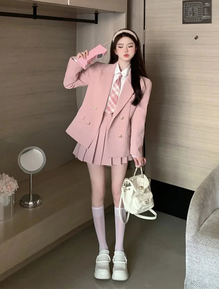 Kawaii School Uniform Outfit Set- Blazer, Shirt & Mini Skirt Pastel Kitten