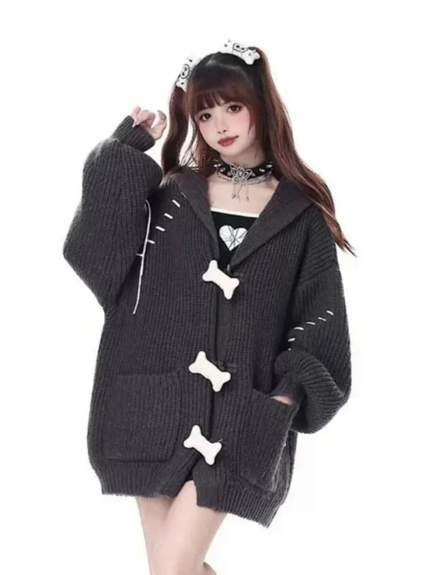 Deeptown Y2K Harajuku Black Oversized Cardigan Women Grunge Kpop Gray Knitted Sweater Autumn Winter Hooded Knitweat Tops Jackets Pastel Kitten