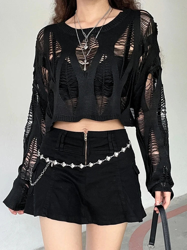 Perforated Hollow Out Knitted Blouse Sunscreen Long Sleeve Top Gothic Dark Black Sexy Thin Sweater Women's Summer Chic Crop Tops Pastel Kitten