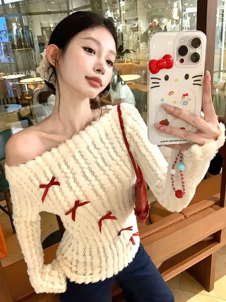 Kawaii Off-Shoulder Knit Pullover Pastel Kitten