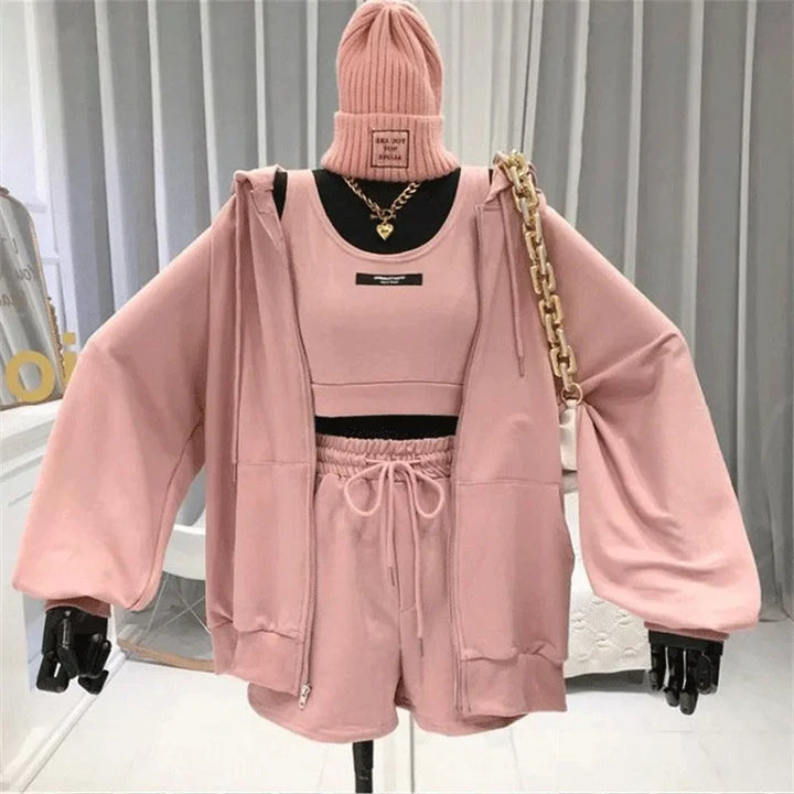 Korean Casual Outfit Set - Hooded Jacket, Top & Shorts Pastel Kitten