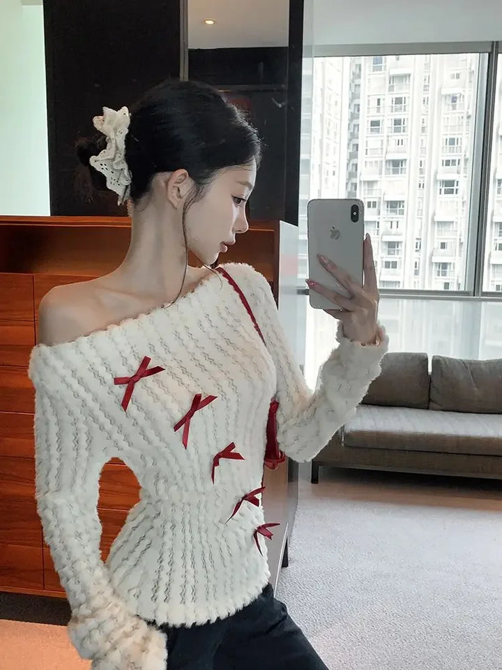 Kawaii Off-Shoulder Knit Pullover Pastel Kitten