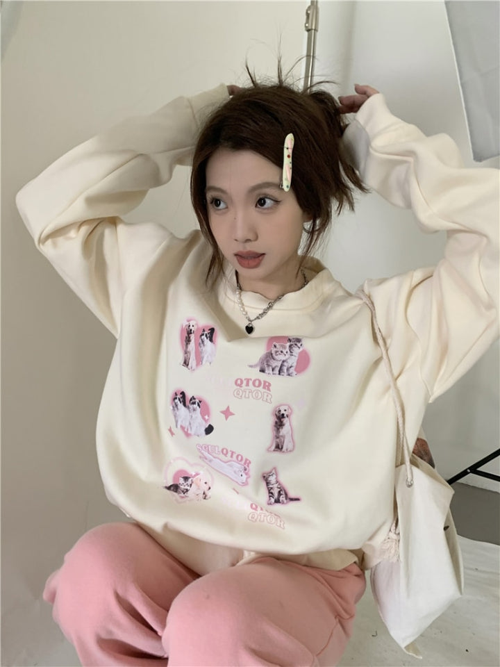Cute Dog Print Y2K Sweatshirt Pastel Kitten