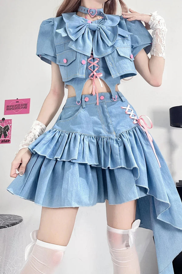 Cute Korean Denim Outfit Set - Top & Skirt Pastel Kitten