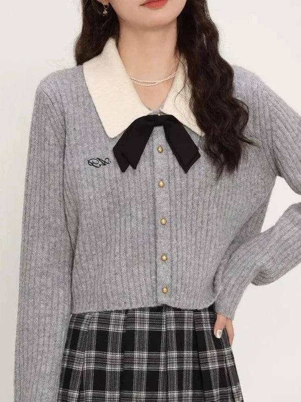 HOUZHOU Elegant Preppy Style Women Sweaters Sweet Coquette Korean Style Bow Knitted Cardigan Cropped Casual Old Money Knitwear Pastel Kitten